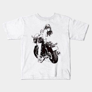 vintage and rebel lady biker on cafe racer bike Kids T-Shirt